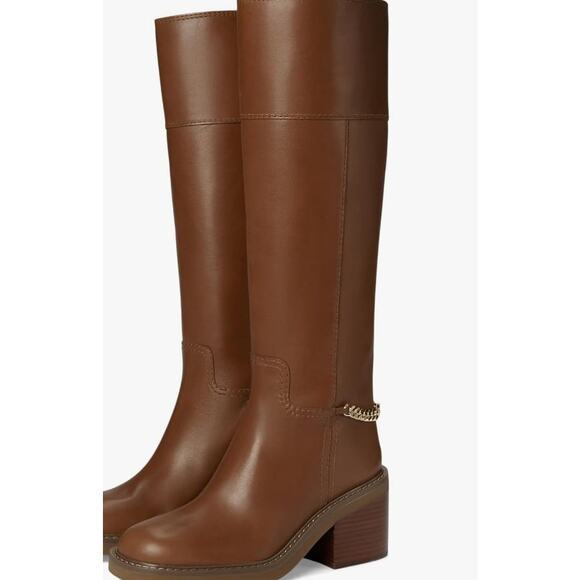 Michael Kors Carlisle Knee High Boot Brown Leather with Charm Chain Women's 7.5 - Picture 1 of 5
